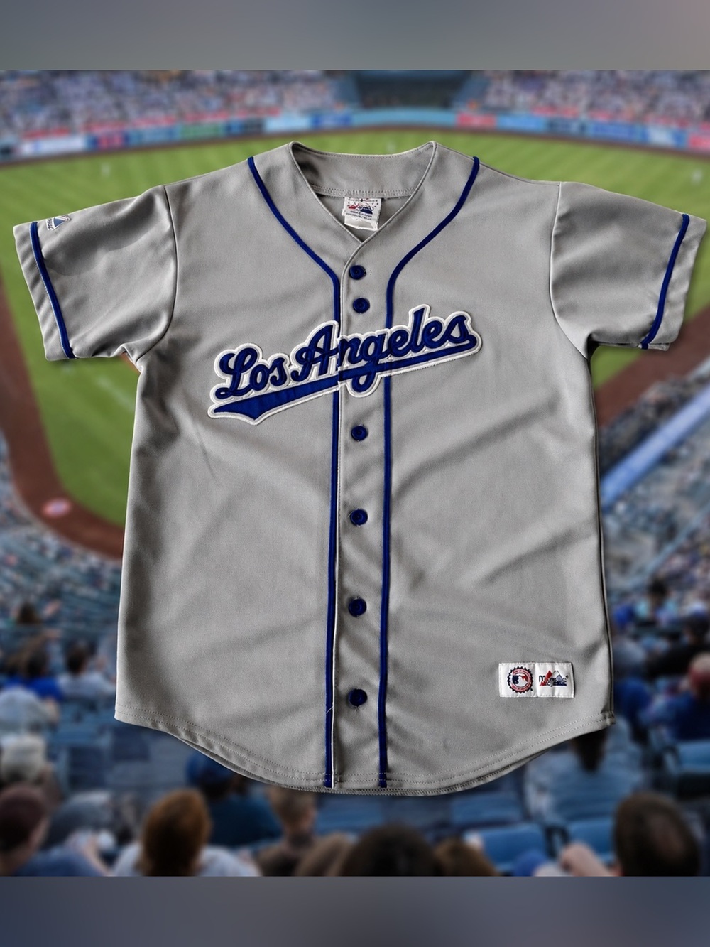 Vintage LA Dodgers Majestic Youth Jersey Gray Blue Size L Made in Korea MLB